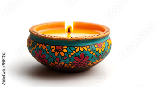 Handpainted Diya Lamp Colorful on a White Background 