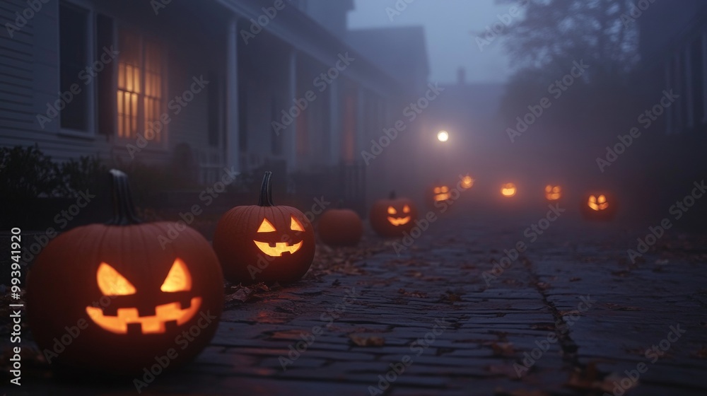 Haunted Halloween-themed ghost walk in a historic American town eerie fog rolling in