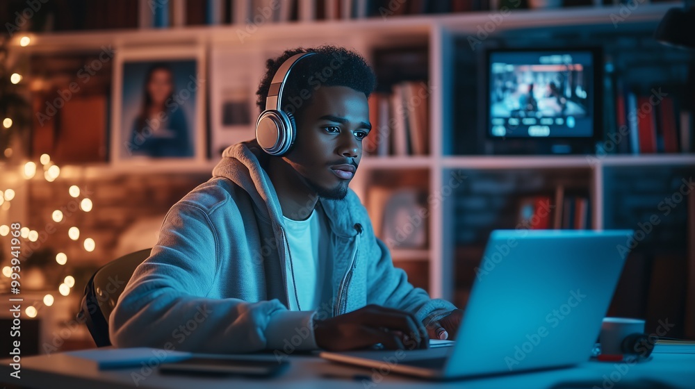 A focused male student joins a vibrant webinar, taking notes as a lively teacher engages online. A focused male student joins a vibrant webinar, taking notes as a lively teacher engages online.