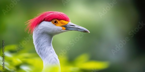 Brolga crane standing on grass with blur nature background