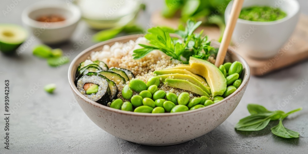 Vegan sushi bowl with quinoa, avocado, and edamame, fusion of Japanese and health food trends, diet fusion, modern nutritious cuisine Vegan sushi bowl with quinoa, avocado, and edamame, fusion of Japanese and health food trends, diet fusion, modern nutritious cuisine
