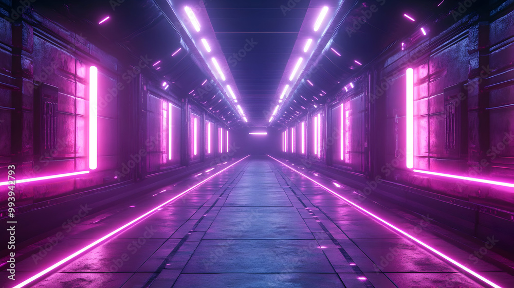 Neon Lights in a Futuristic Corridor 3D Illustration