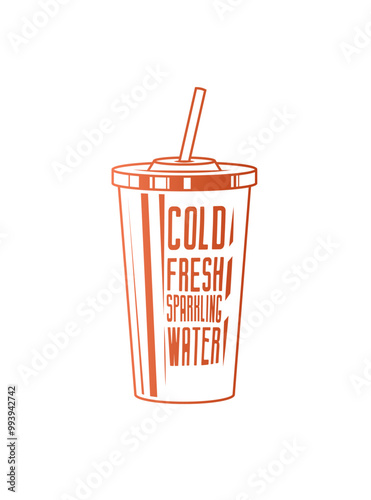 Fast food plastic cup with straw. Hot or cold drink. Original vector illustration in vintage style.