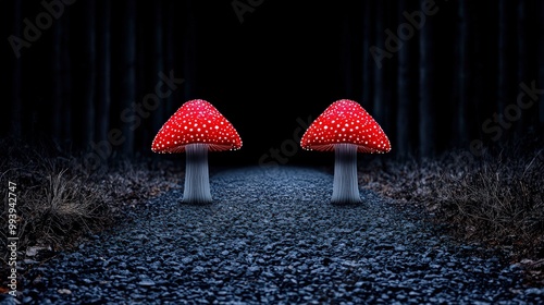 Two vibrant red mushrooms on a dark forest pathway, creating an enchanting atmosphere. photo