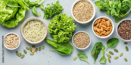 A creative flat lay of various plantbased ingredients, including quinoa, seeds, and leafy greens, forming a nutritionrich composition photo