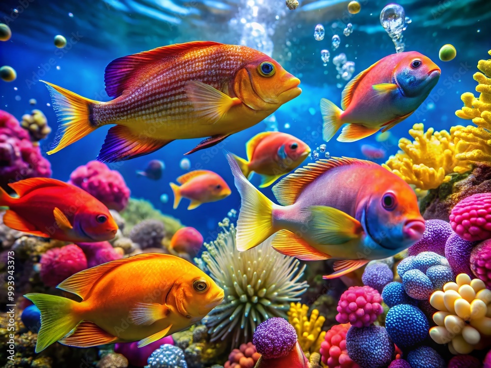 Fototapeta premium Colorful Animated Fishes Swimming in a Vibrant Underwater Scene with Coral and Bubbles