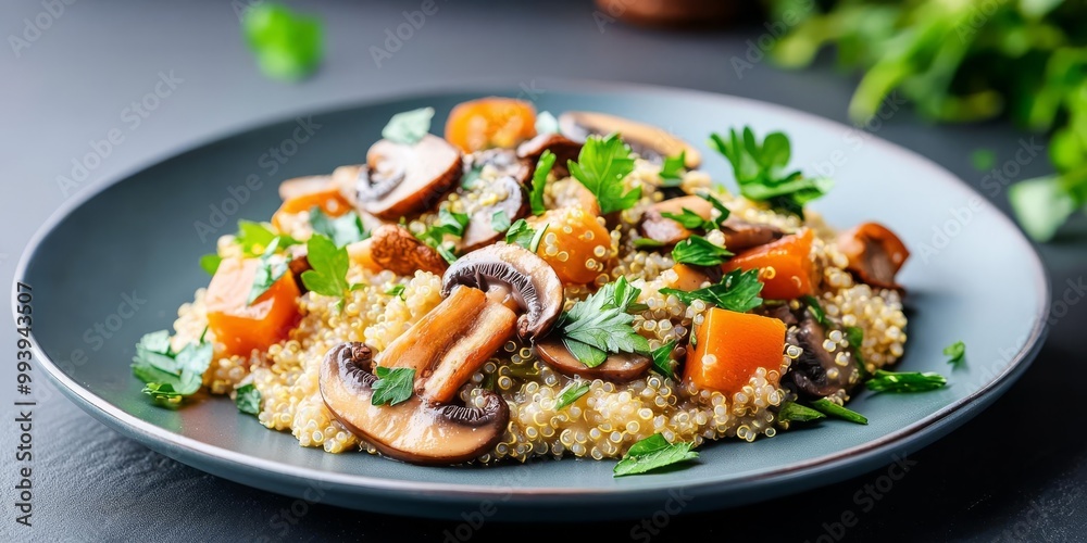 A beautifully plated quinoa risotto with mushrooms and herbs, representing gourmet plantbased cuisine A beautifully plated quinoa risotto with mushrooms and herbs, representing gourmet plantbased cuisine