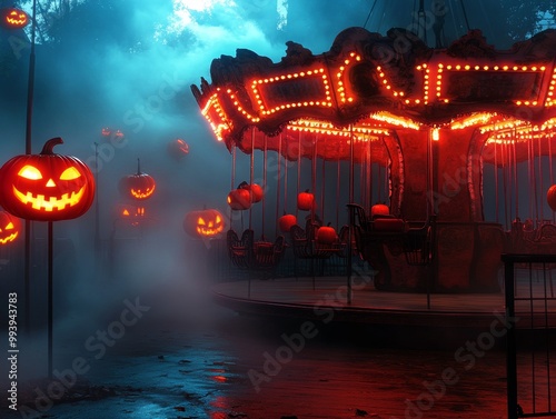 Spooky Halloween amusement park ride in an old American fairground eerie fog creeping through