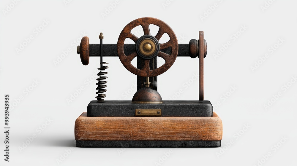 Obraz premium Vintage machine, detailed wood and metal design, white isolate background.