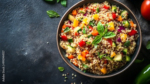 A bowl of colorful quinoa salad mixed with vegetables and herbs, highlighting both grains and vegetables