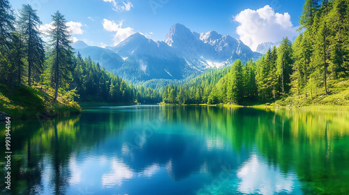 Majestic mountain range with snow-capped peaks under a clear blue sky, surrounded by lush green forests and a serene lake reflecting the beauty