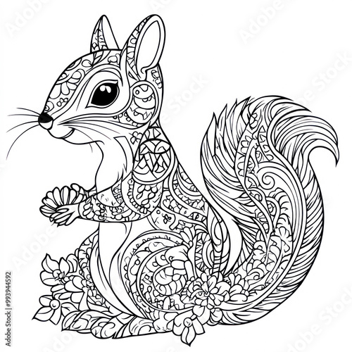 Cute squirrel in mandala style with detailed patterns for autumn coloring book. squirrel drawing for coloring book for adults. ornamental and decorative template of animal