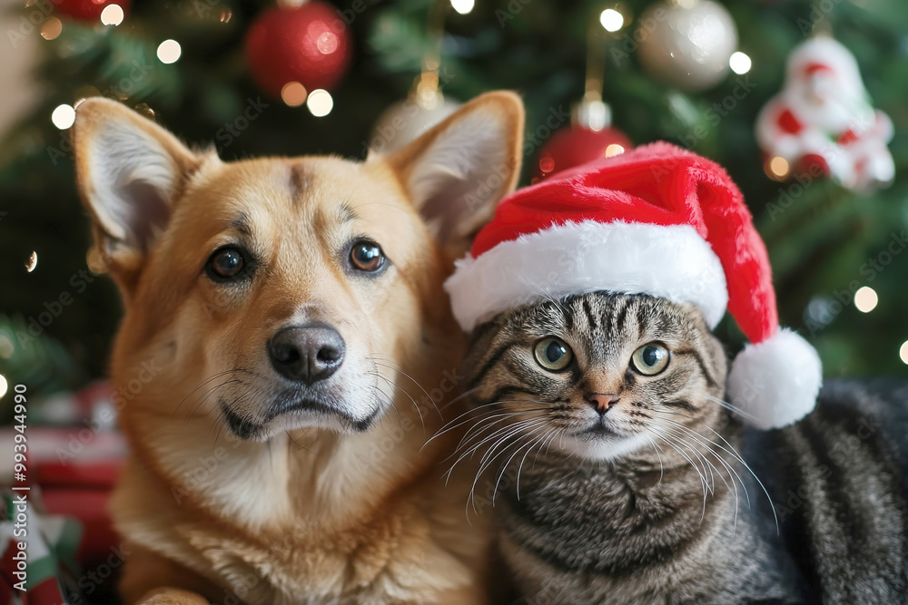 a dog and a cat in front of a Christmas and New Year tree a dog and a cat in front of a Christmas and New Year tree
