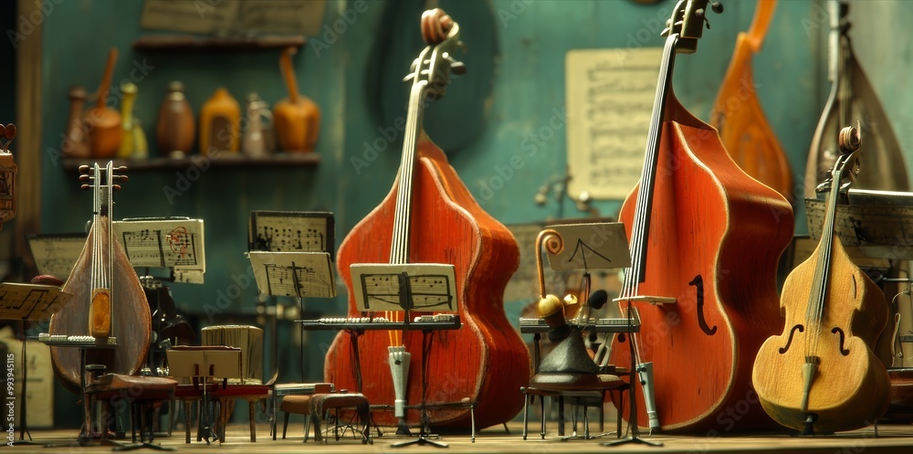 Naklejka premium A charming miniature orchestra setup with tiny instruments and music sheets, capturing the essence of musical creativity
