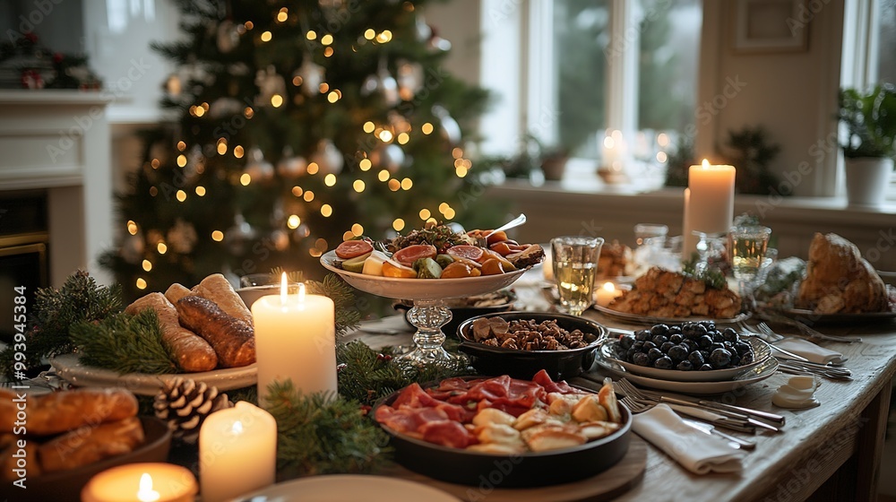 luxuriously served festive table near the Christmas tree during the Christmas celebration luxuriously served festive table near the Christmas tree during the Christmas celebration