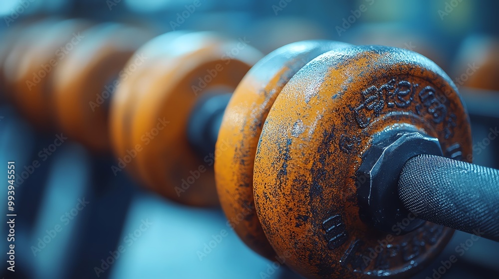 Close-up of rusty orange dumbbells in a gym with a blurred background. Captures the essence of hard work, dedication, and fitness. Close-up of rusty orange dumbbells in a gym with a blurred background. Captures the essence of hard work, dedication, and fitness.