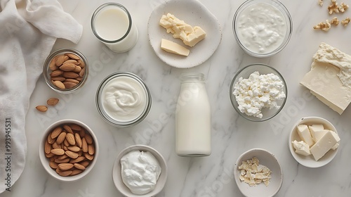 A selection of dairy alternatives like almond milk, coconut yogurt, and soy cheese, artfully arranged on a countertop photo