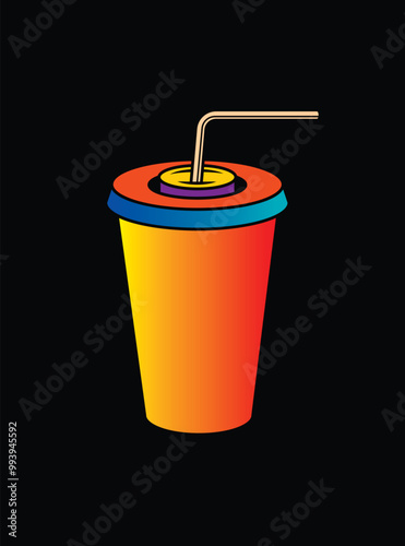 Fast food plastic cup with straw. Hot or cold drink. Original vector illustration in vintage style.