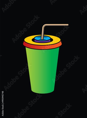 Fast food plastic cup with straw. Hot or cold drink. Original vector illustration in vintage style.