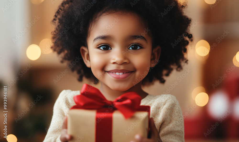 Small cute afroamerican little girl holding gold present gift box with red ribbon, giving receiving presents on holiday event. Small cute afroamerican little girl holding gold present gift box with red ribbon, giving receiving presents on holiday event.