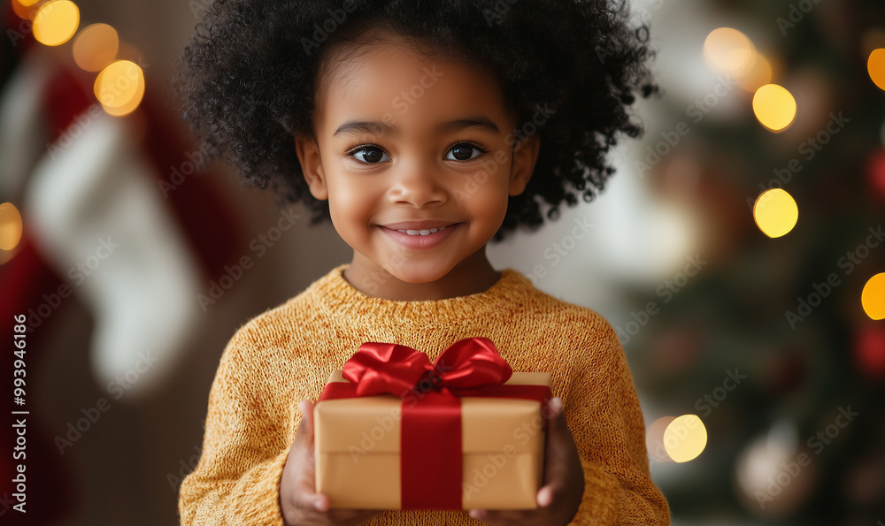 Small cute afroamerican little girl holding gold present gift box with red ribbon, giving receiving presents on holiday event. Small cute afroamerican little girl holding gold present gift box with red ribbon, giving receiving presents on holiday event.