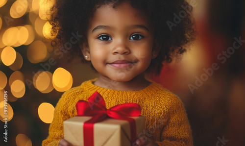 Small cute afroamerican little girl holding gold present gift box with red ribbon, giving receiving presents on holiday event.