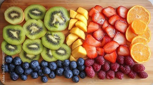 Fototapeta Naklejka Na Ścianę i Meble -  A variety of colorful fruits sliced and arranged on a wooden cutting board, emphasizing the fruit food group