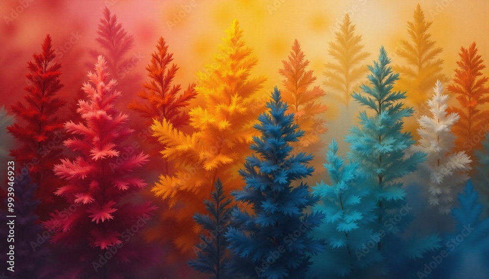 A painting of a forest with trees of different colors A painting of a forest with trees of different colors