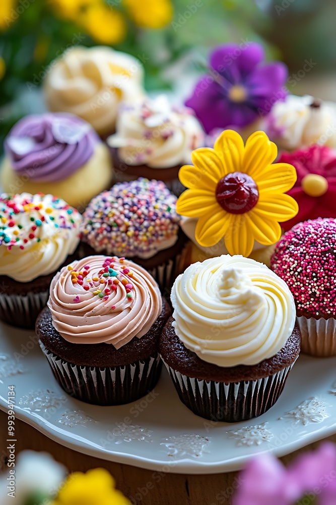 Colorful Cupcakes with Sprinkles and Flowers on a White Plate. Colorful Cupcakes with Sprinkles and Flowers on a White Plate.