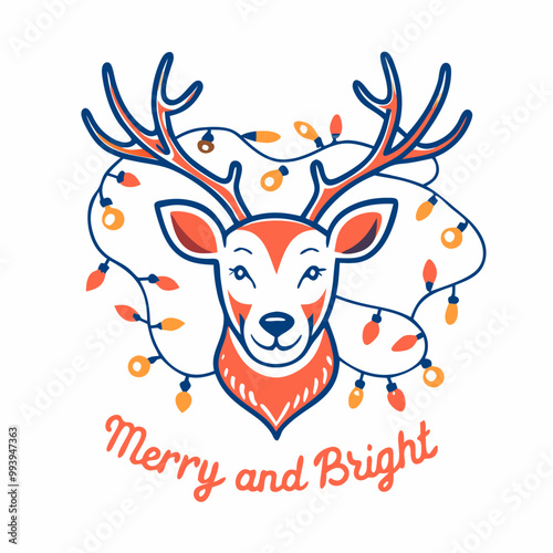 "Merry and Bright cheerful reindeer wrapped in holiday lights"