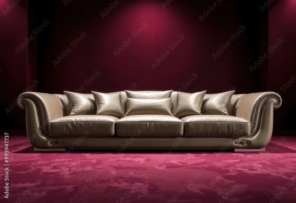 White Leather Sofa with Pillows in Front of a Red Wall White Leather Sofa with Pillows in Front of a Red Wall