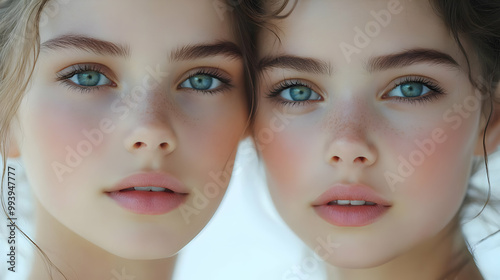 Closeup Portrait Illustration of Two Young Women with Blue Eyes