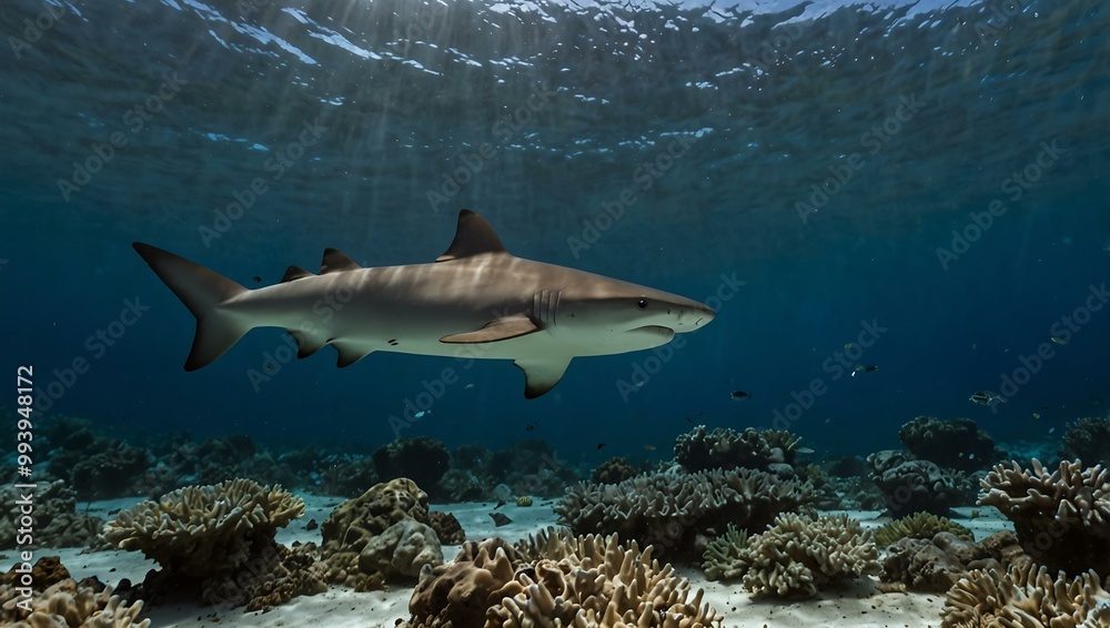 Whitetip reef shark swimming beneath the surface. Whitetip reef shark swimming beneath the surface.