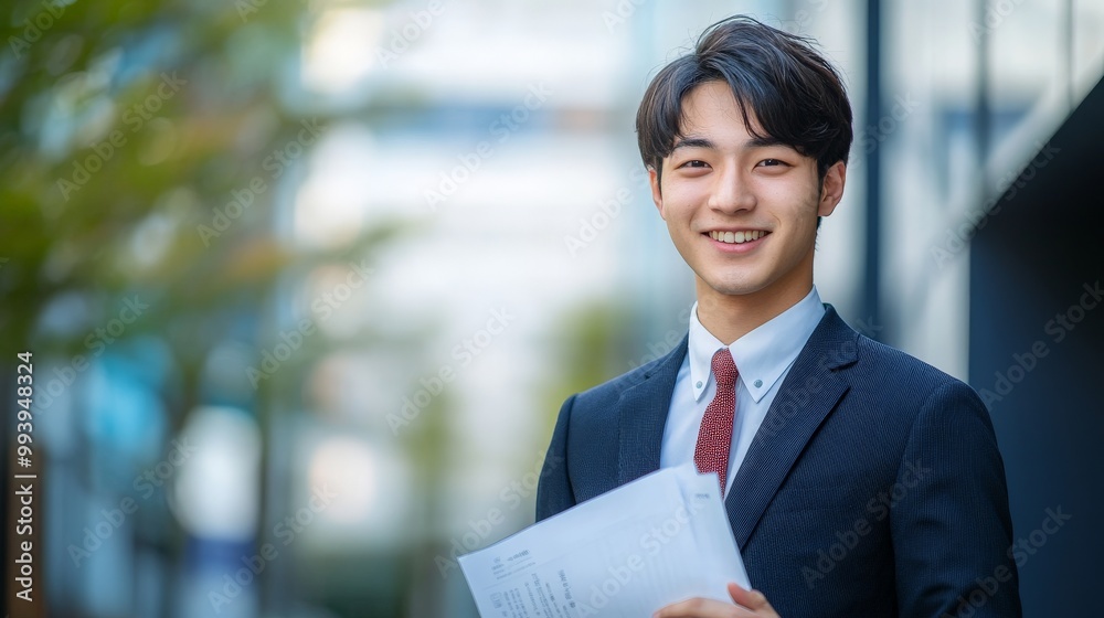 Confident young professional holding documents in an urban environment Confident young professional holding documents in an urban environment