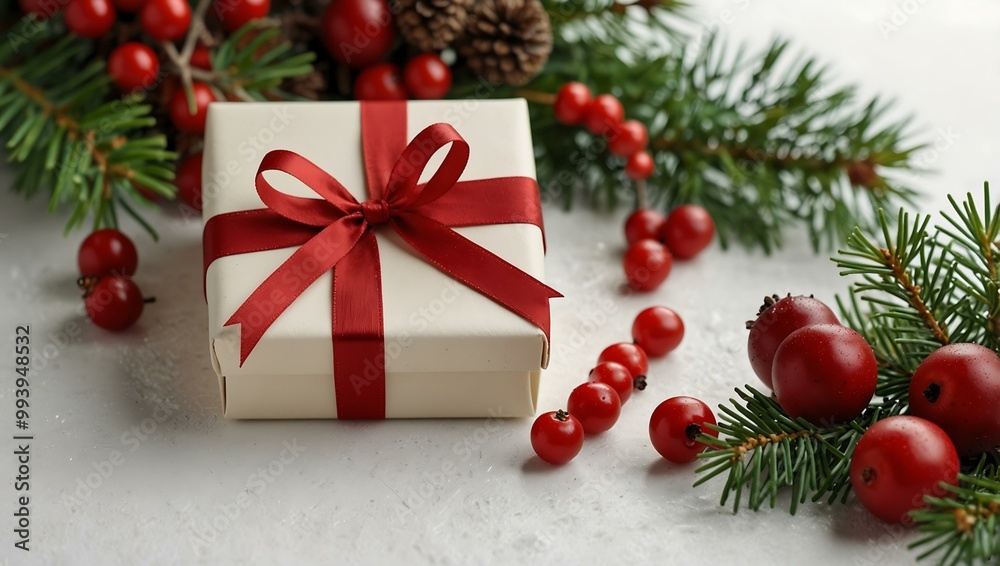 Winter border of red berries and gift decorations on white. Winter border of red berries and gift decorations on white.