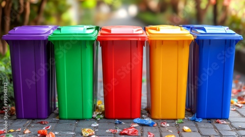 Colorful recycling bins lined up in a row outdoors promoting waste segregation and environmental sustainability