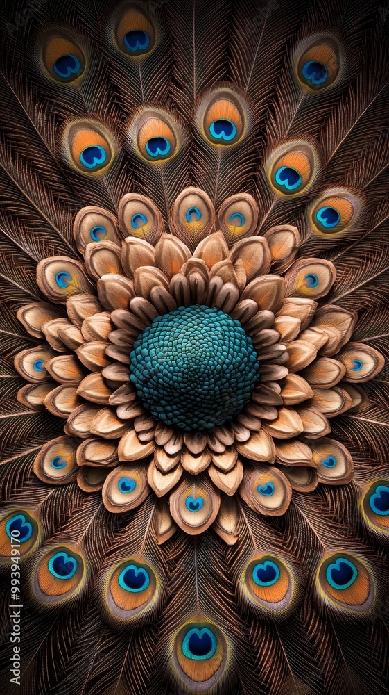 Obraz premium A stunning close-up of a peacock feather design showcasing intricate patterns and vibrant colors, perfect for nature lovers.