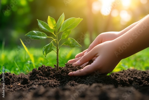 Wallpaper Mural Adult and child planting sapling, green grass background, warm sunlight, high-res detail. Torontodigital.ca