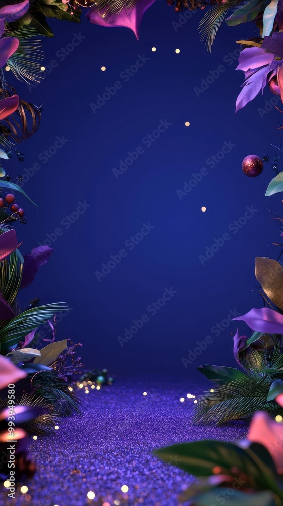 Vibrant floral and foliage frame with glowing lights on deep blue background for holiday greeting card or invitation design Vibrant floral and foliage frame with glowing lights on deep blue background for holiday greeting card or invitation design