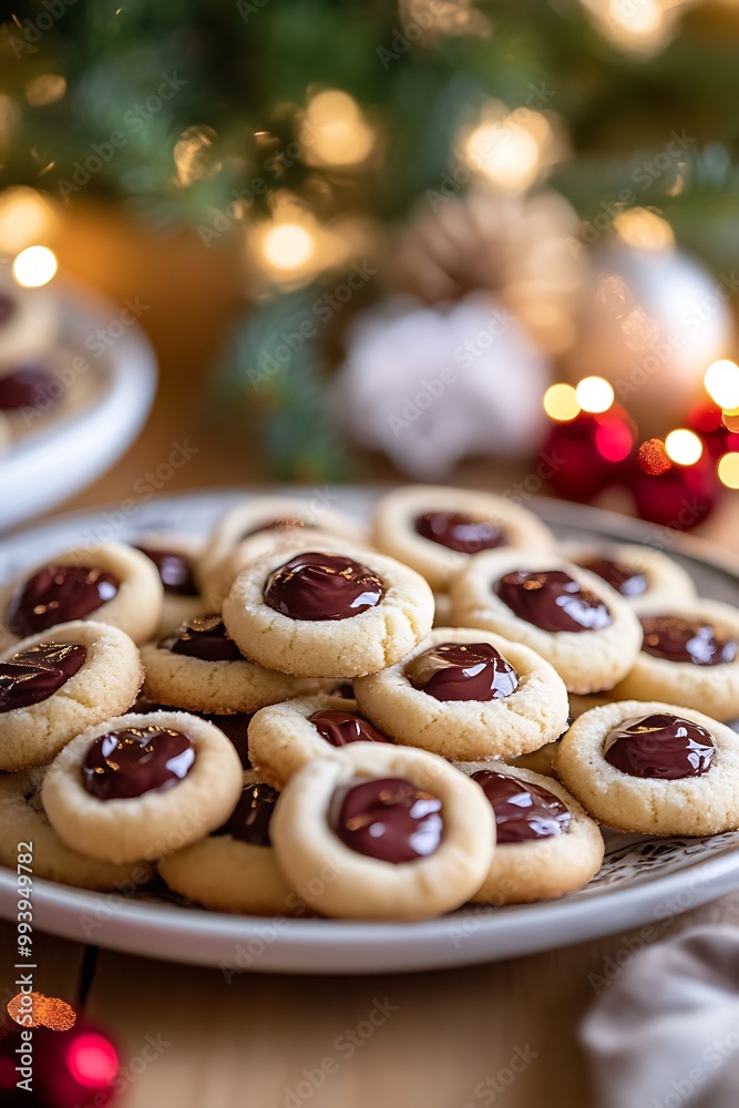 Close-up of Chocolate-Filled Cookies on a Plate with Festive Lights in the Background. Close-up of Chocolate-Filled Cookies on a Plate with Festive Lights in the Background.
