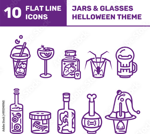 10 flat line icons on the theme of Halloween paraphernalia and symbols in jars and glasses