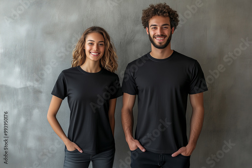Stylish Young Couple, Man and Woman, Wearing Blank Black T-Shirts for Apparel Mockup Presentation, Fashion Design Template