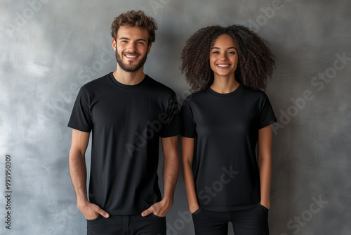 Stylish Young Couple, Man and Woman, Wearing Blank Black T-Shirts for Apparel Mockup Presentation, Fashion Design Template
