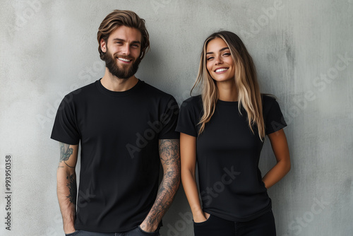 Stylish Young Couple, Man and Woman, Wearing Blank Black T-Shirts for Apparel Mockup Presentation, Fashion Design Template
