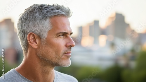 Mature Handsome Man Contemplating Cityscape at Dusk