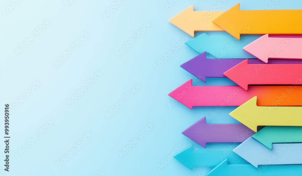 Colorful arrows pointing in different directions on a light blue background symbolizing diversity and choices in decision making Colorful arrows pointing in different directions on a light blue background symbolizing diversity and choices in decision making