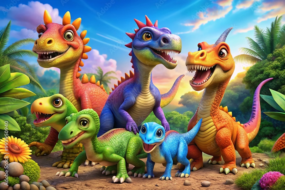 Obraz premium Colorful Cartoon Dinosaurs in Various Fun Poses for Children's Illustrations and Educational Materials