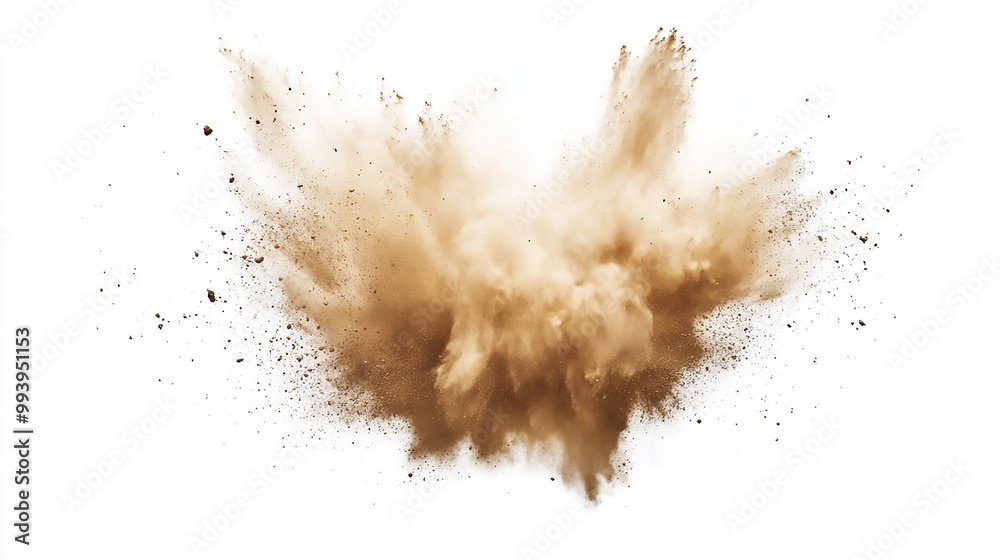 Dry soil explosion isolated on white background.Abstract dust explosion on white background Dry soil explosion isolated on white background.Abstract dust explosion on white background