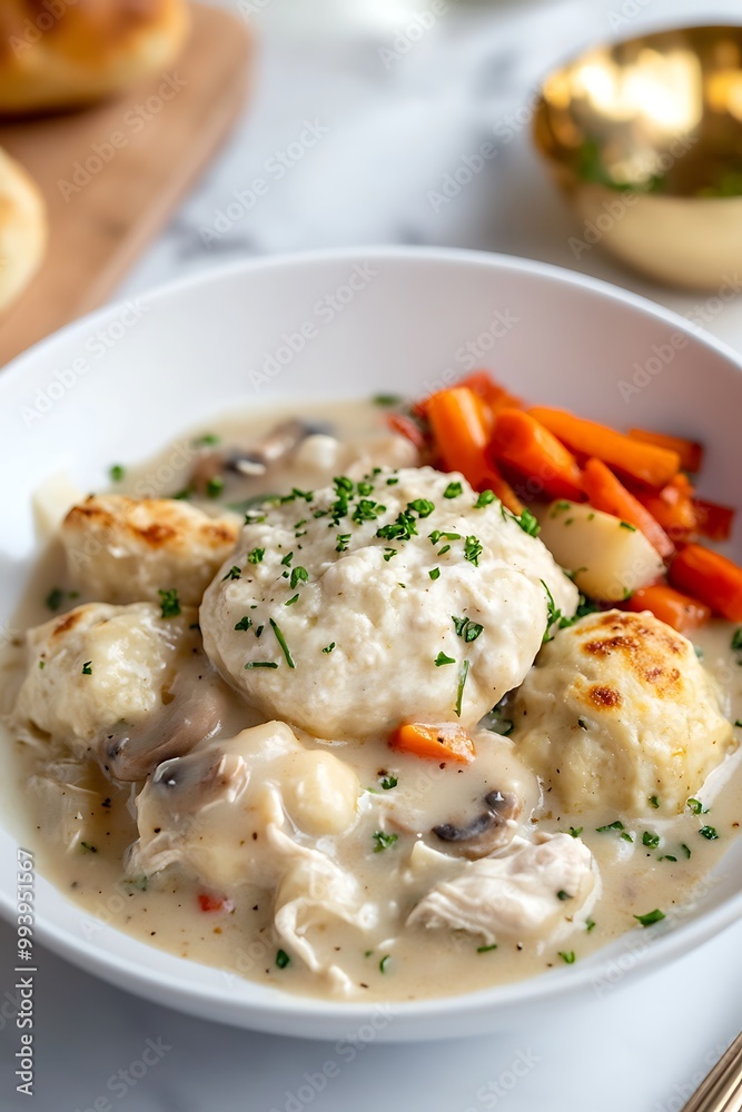 Close Up of Creamy Chicken and Dumplings with Carrots and Mushrooms. Close Up of Creamy Chicken and Dumplings with Carrots and Mushrooms.