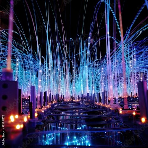 Intricate Web of Fiber Optic Cables Transmitting Data Signals